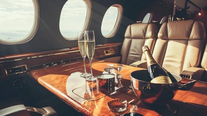 Interior of a luxury private jet with a table set with champagne glasses and a bottle