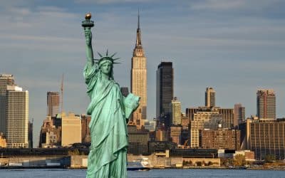 Statue of Liberty with New York City skyline in the background