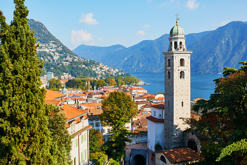 Scenic view to the old town of Lugano, canton of Ticino, Switzerland
