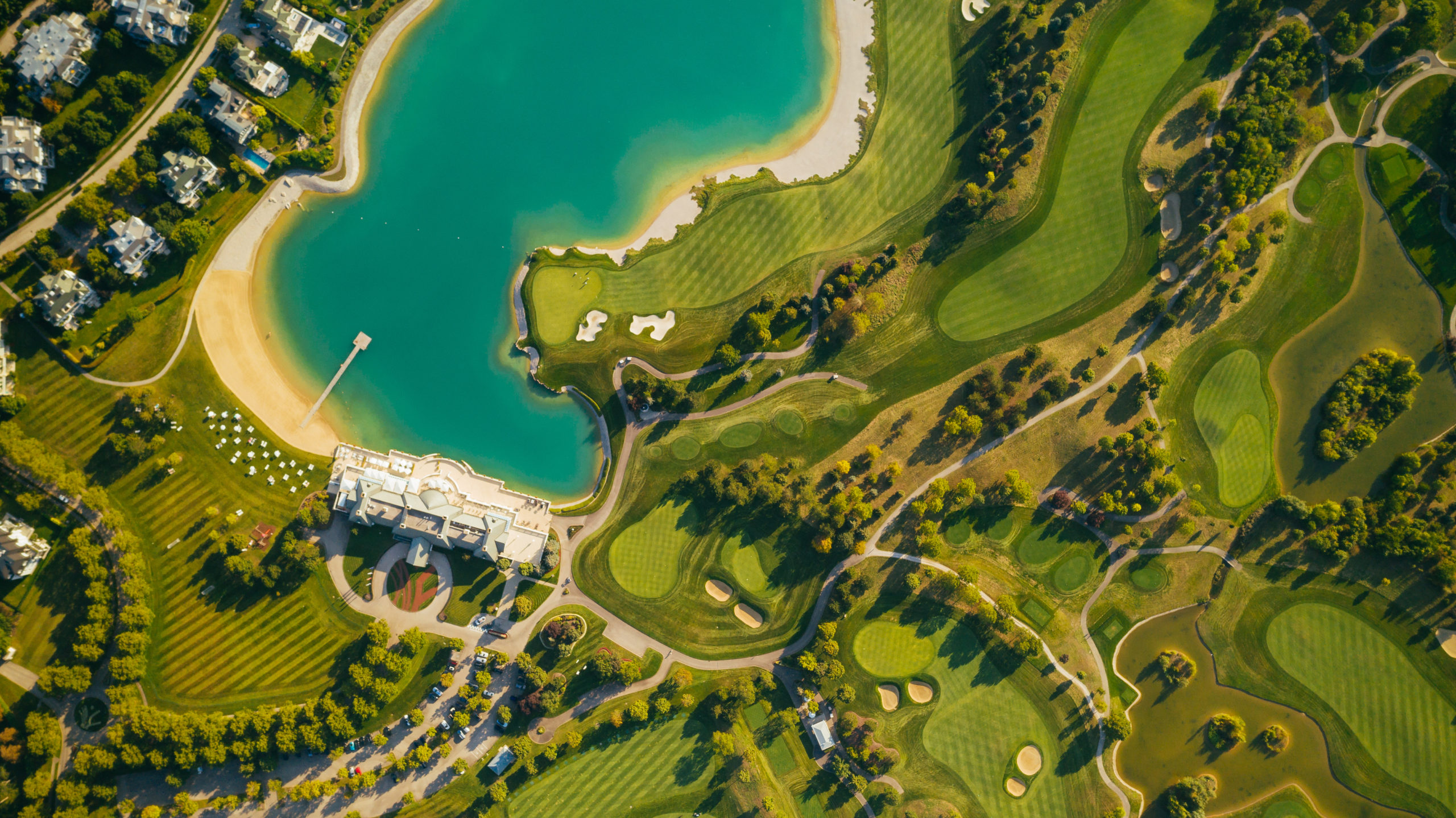 Aerial view of a golf resort with beautiful patterns