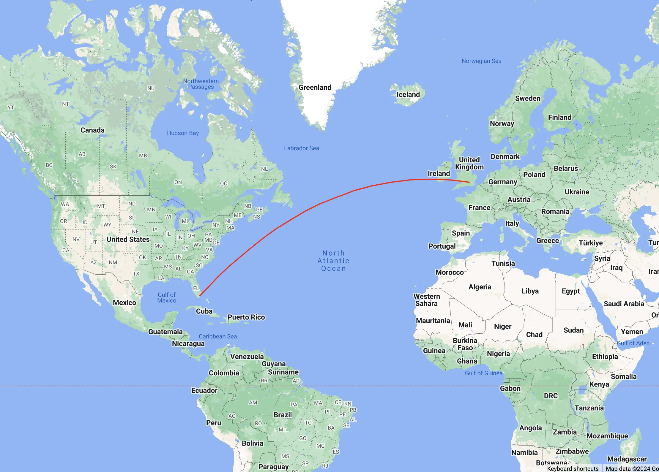 flight route from Miami International Airport to London Heathrow Airport using the Google Maps