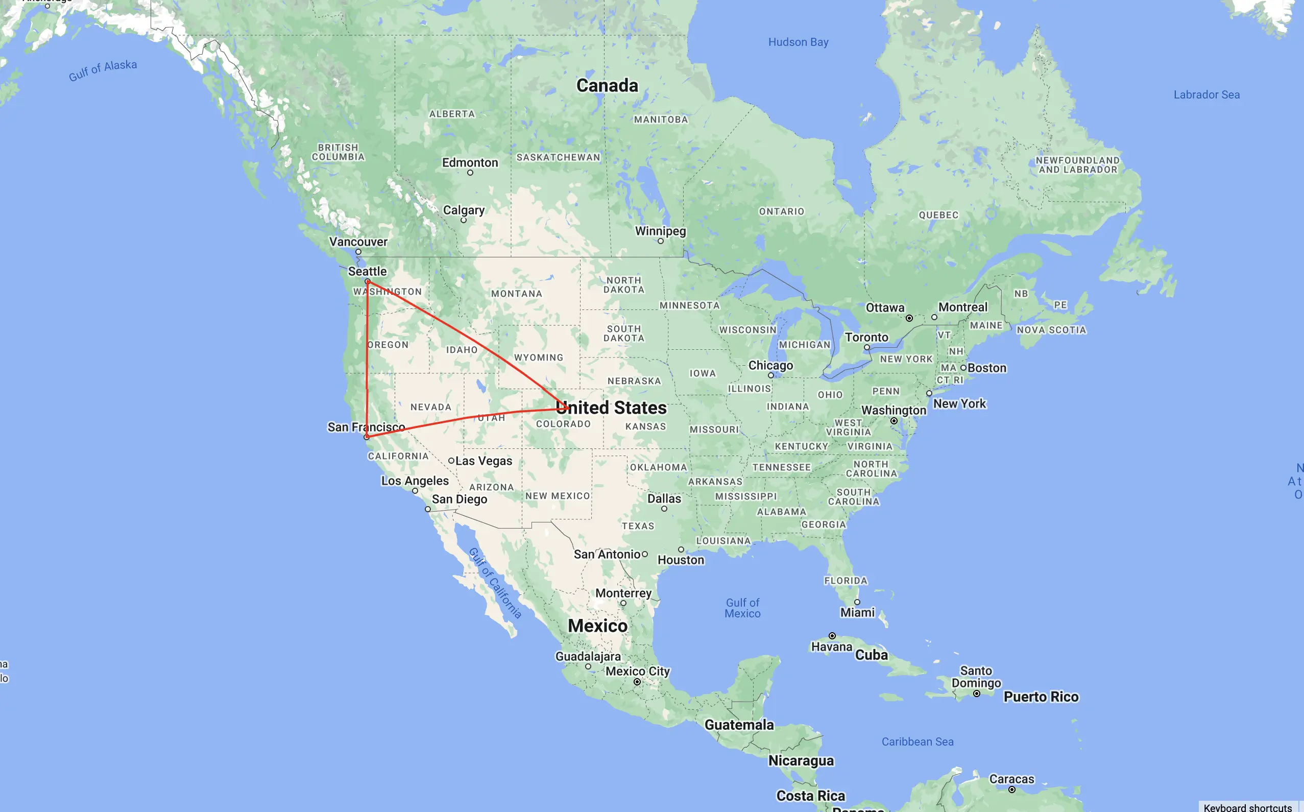 flight route from San Francisco to Seattle to Denver and back to San Francisco