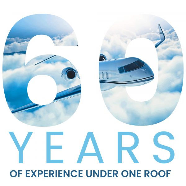 Graphic commemorating 60 years of experience, featuring bold '60 YEARS' text with a private jet visible through the numerals against a backdrop of clouds, signifying decades of aviation expertise.